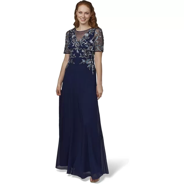 Adrianna Papell Womens Beaded Mesh Chiffon GownLight Navy