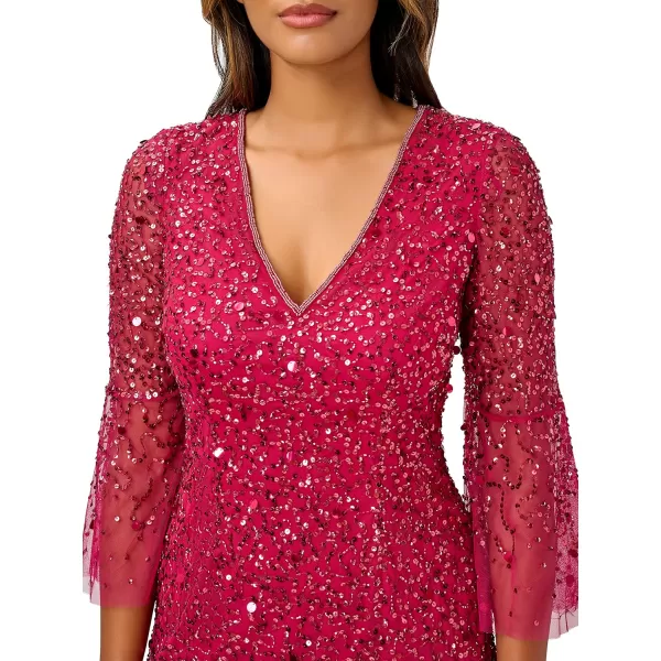 Adrianna Papell Womens Beaded Sequin Bell Sleeve DRSRaspberry Wine