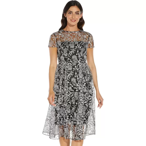 Adrianna Papell Womens Embroidered Midi Fit and FlareBlack Multi