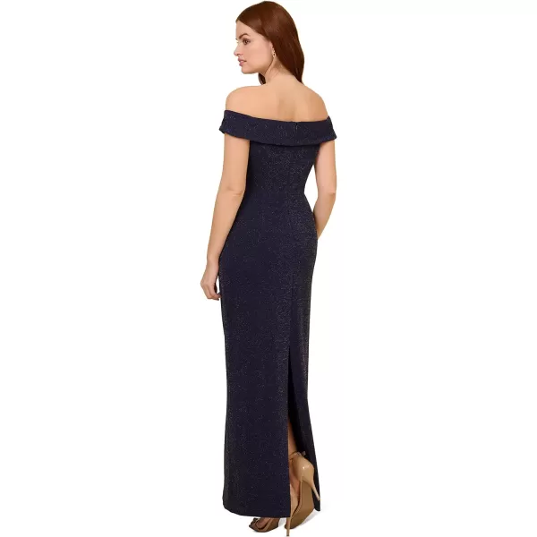 Adrianna Papell Womens Metallic Knit Draped GownLight Navy