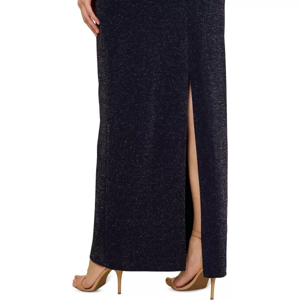 Adrianna Papell Womens Metallic Knit Draped GownLight Navy