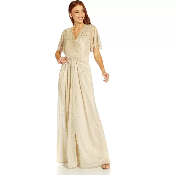 Adrianna Papell Womens Metallic Mesh Draped GownAlabaster