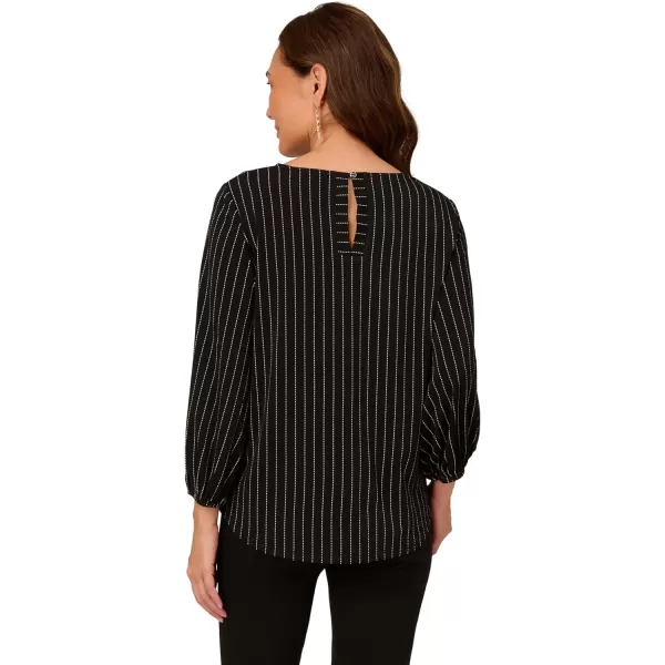 Adrianna Papell Womens Printed 34 Sleeve Yoke Detail TopBlackIvory Vertical Pinstripe