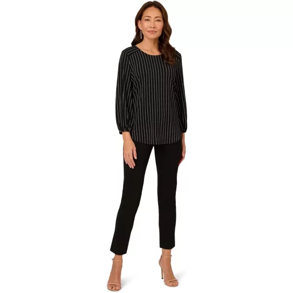 Adrianna Papell Womens Printed 34 Sleeve Yoke Detail TopBlackIvory Vertical Pinstripe