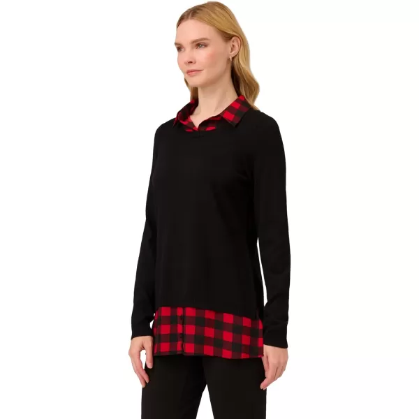 Adrianna Papell Womens Printed VNeck Twofer SweaterBlack WRed Buffalo Plaid