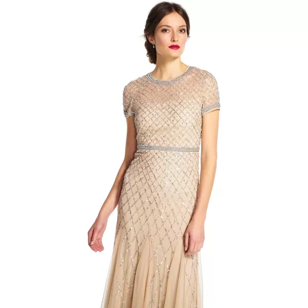 Adrianna Papell Womens SS Grid Beaded GownChampagne