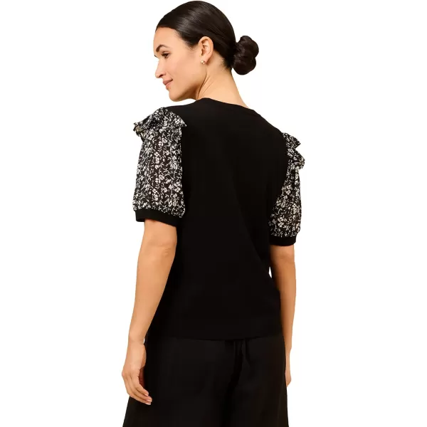 Adrianna Papell Womens Short Sleeve Printed Ruffle Shoulder Crew Neck SweaterBlack W Black Flourish Floral