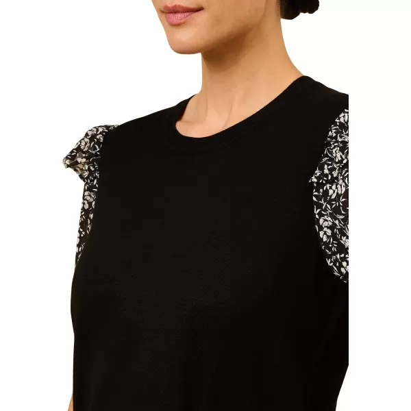 Adrianna Papell Womens Short Sleeve Printed Ruffle Shoulder Crew Neck SweaterBlack W Black Flourish Floral