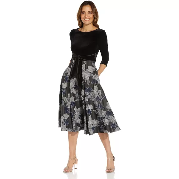 Adrianna Papell Womens Velvet and Jacquard Midi DressNavy Black