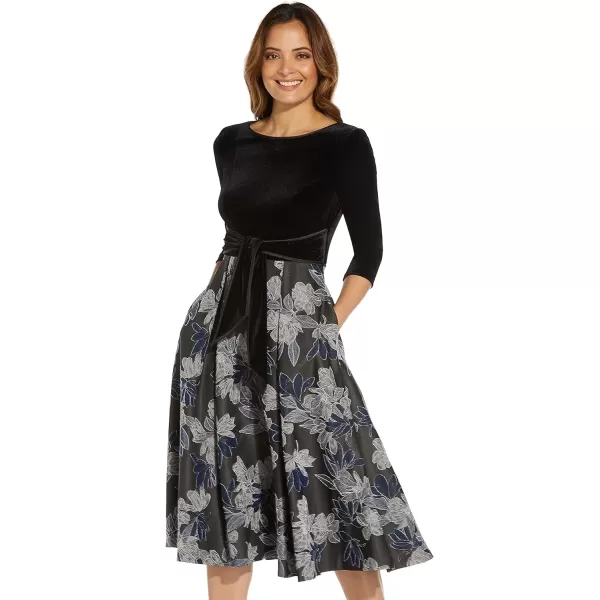 Adrianna Papell Womens Velvet and Jacquard Midi DressNavy Black