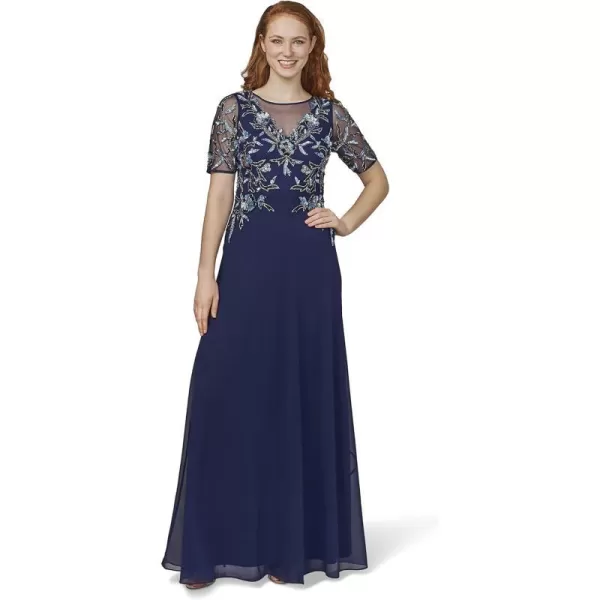 Adrianna Papell Womens Beaded Mesh Chiffon GownLight Navy