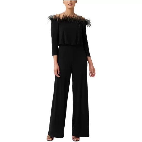 Adrianna Papell Womens Feather Trim Jersey JumpsuitPantsBlack