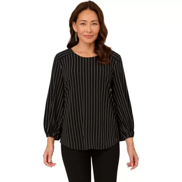 Adrianna Papell Womens Printed 34 Sleeve Yoke Detail TopBlackIvory Vertical Pinstripe