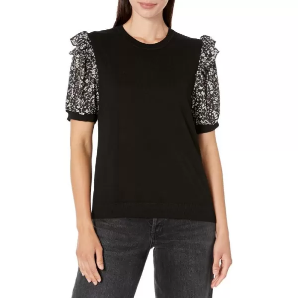 Adrianna Papell Womens Short Sleeve Printed Ruffle Shoulder Crew Neck SweaterBlack W Black Flourish Floral