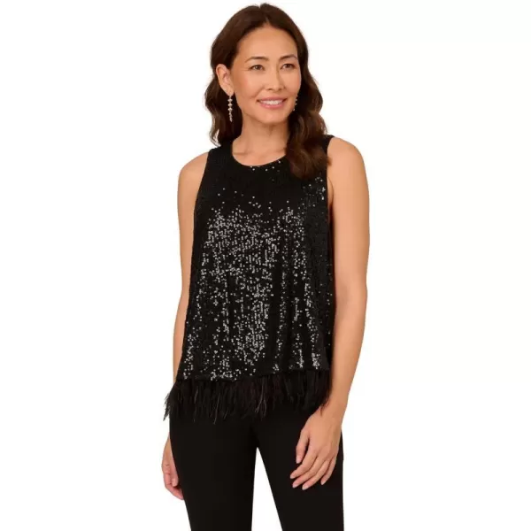 Adrianna Papell Womens Sleeveless Sequin Top W Feather Trim HemBlack