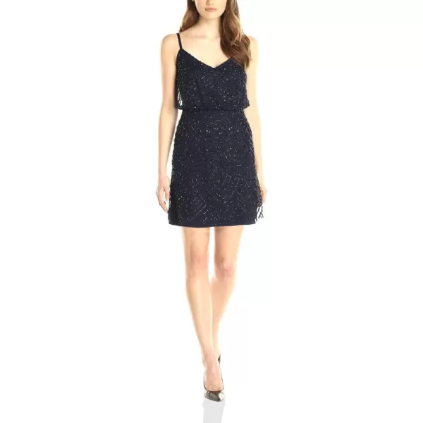 Adrianna Papell Womens Sleeveless VNeck Blouson Beaded Cocktail DressNavyBlack