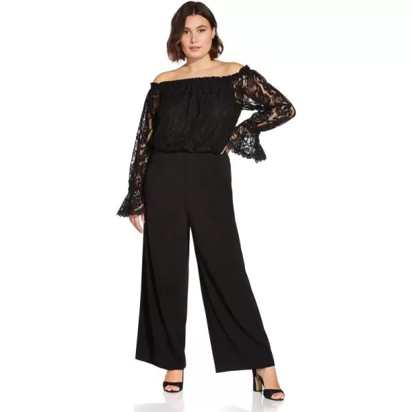 Adrianna Papell womens Off Shoulder Lace TopCrepe Pant JumpsuitBlack