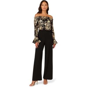 imageAdrianna Papell womens Off Shoulder Lace TopCrepe Pant JumpsuitBlackGold