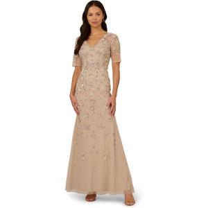 imageAdrianna Papell Womens Beaded Mesh Long DressBiscotti
