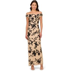 imageAdrianna Papell Womens Beaded Mesh Long DressBlackNude