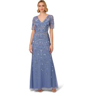 imageAdrianna Papell Womens Beaded Mesh Long DressFrench Blue