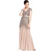 imageAdrianna Papell Womens Long Beaded VNeck Dress with Cap Sleeves and WaistbandNude