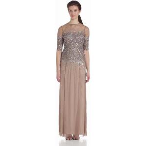 imageAdrianna Papell Womens 34 Sleeve Beaded Illusion Gown with Sweetheart NecklineBuff