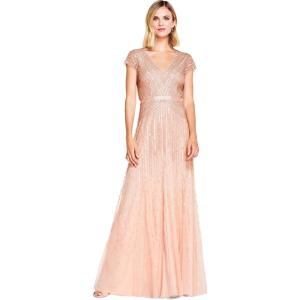 imageAdrianna Papell Womens Long Beaded VNeck Dress with Cap Sleeves and WaistbandBlush