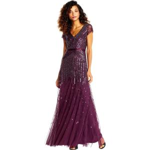 imageAdrianna Papell Womens Long Beaded VNeck Dress with Cap Sleeves and WaistbandCassis