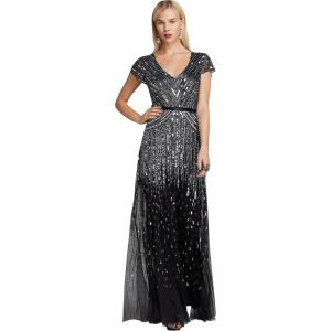 imageAdrianna Papell Womens Long Beaded VNeck Dress with Cap Sleeves and WaistbandGunmetal