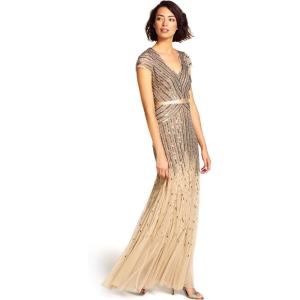 imageAdrianna Papell Womens Long Beaded VNeck Dress with Cap Sleeves and WaistbandNude