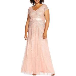 imageAdrianna Papell Womens Plus Size Floor Length Beaded Cap Sleeve VNeck DressBlush