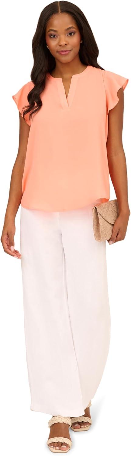 imageAdrianna Papell Womens Solid Short Ruffle Sleeve Popover BlouseApricot Sorbet