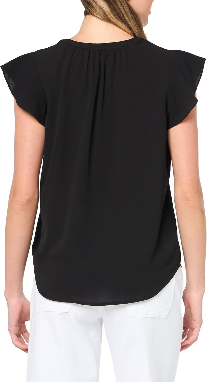 imageAdrianna Papell Womens Solid Short Ruffle Sleeve Popover BlouseBlack