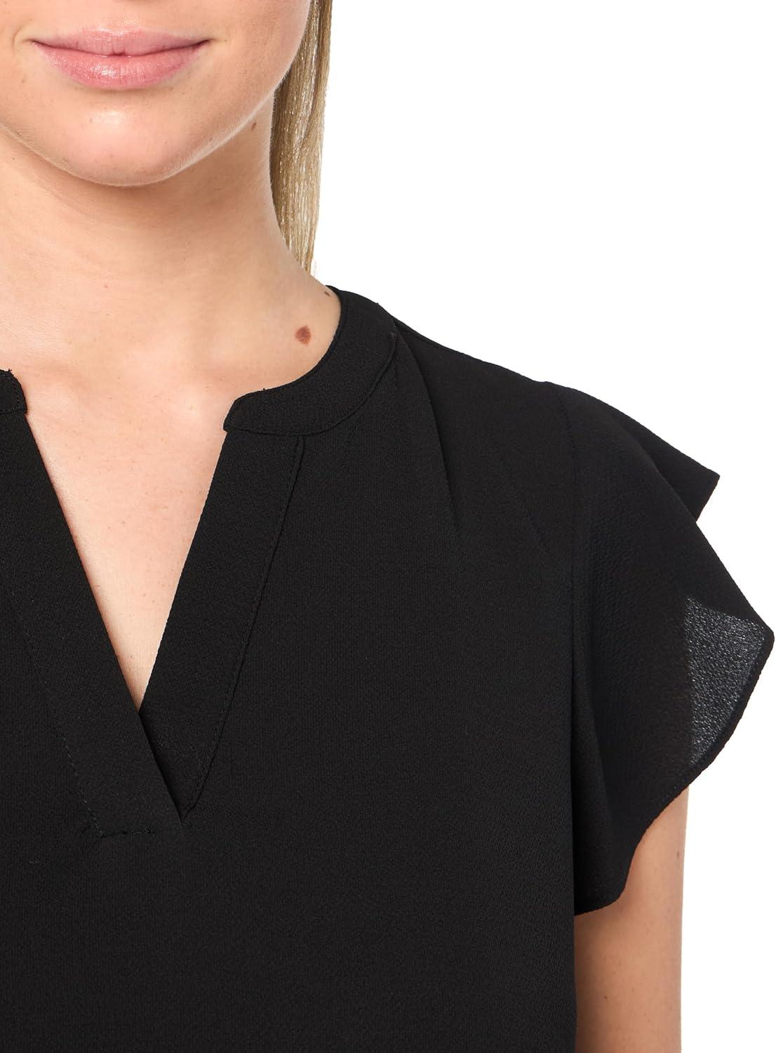imageAdrianna Papell Womens Solid Short Ruffle Sleeve Popover BlouseBlack