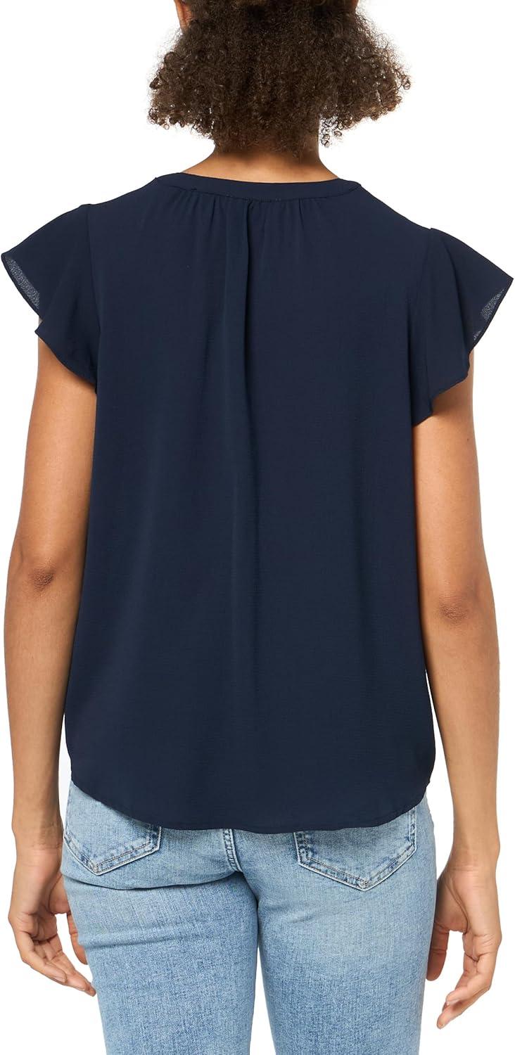 imageAdrianna Papell Womens Solid Short Ruffle Sleeve Popover BlouseBlue Moon