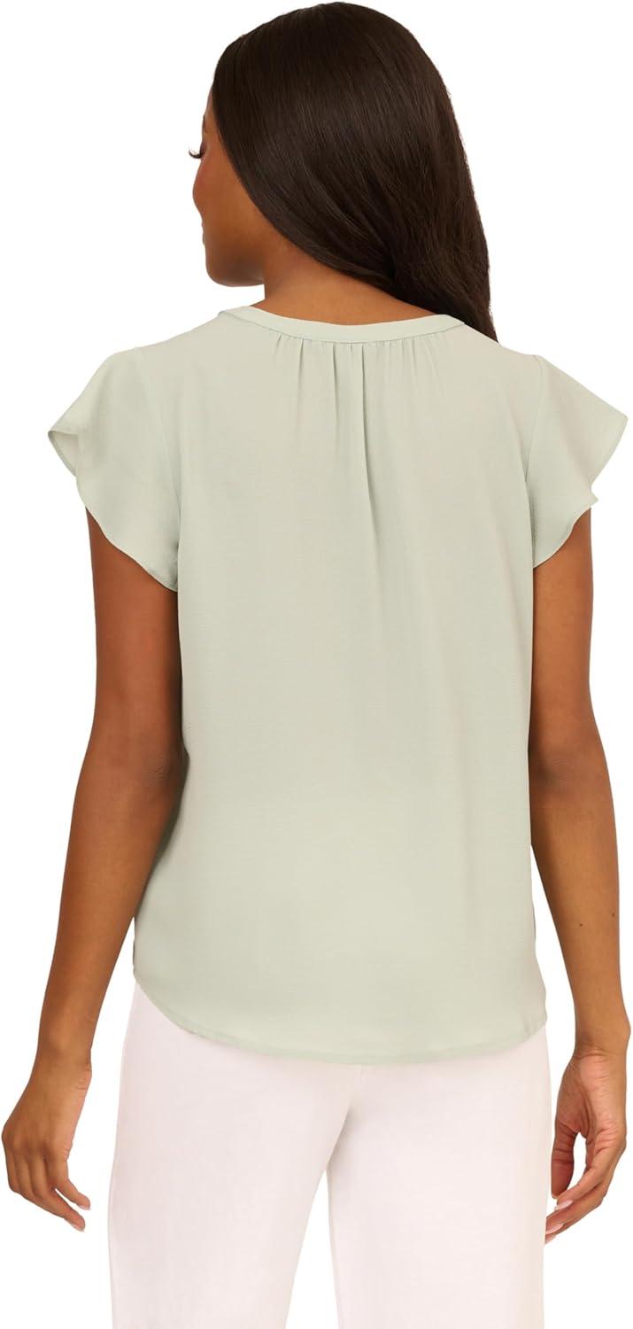 imageAdrianna Papell Womens Solid Short Ruffle Sleeve Popover BlouseIcy Sage