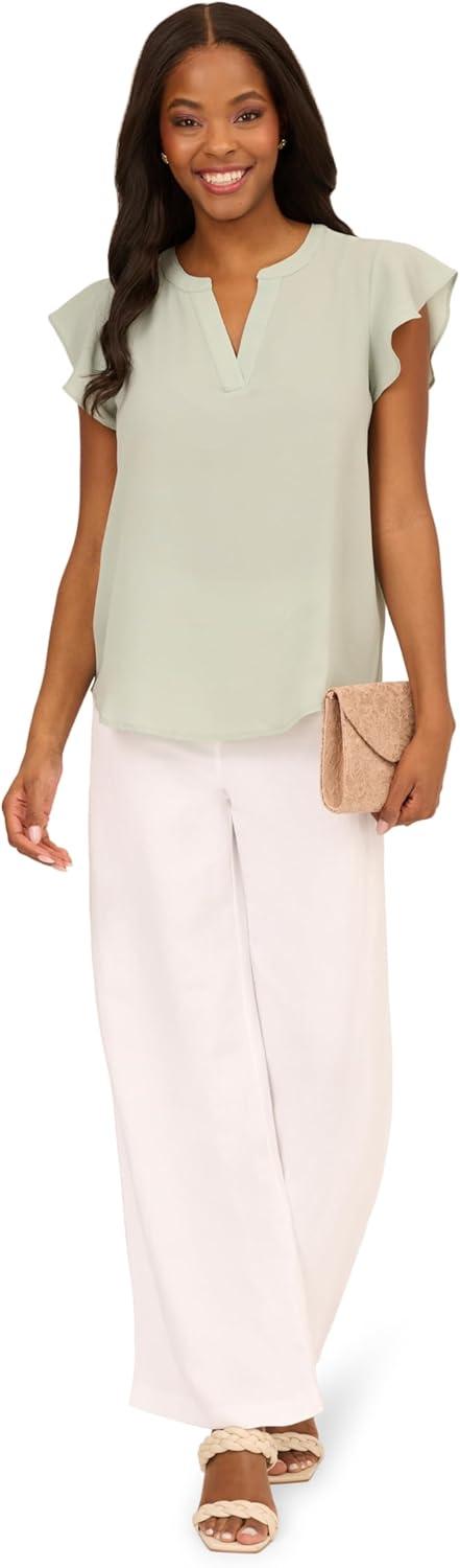 imageAdrianna Papell Womens Solid Short Ruffle Sleeve Popover BlouseIcy Sage