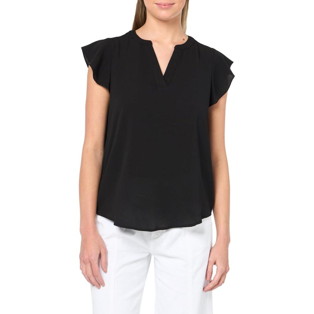 imageAdrianna Papell Womens Solid Short Ruffle Sleeve Popover BlouseBlack