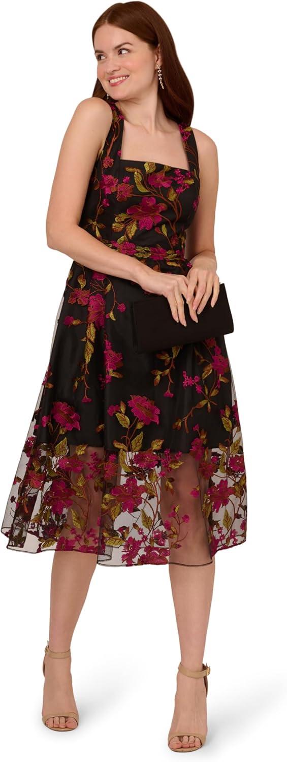 imageAdrianna Papell Womens Embroidered Midi DressPinkBlack