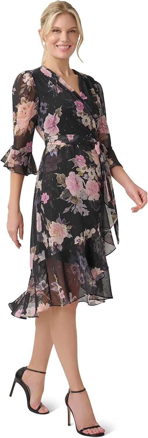 imageAdrianna Papell Womens Floral Chiffon Wrap DressBlack Multi