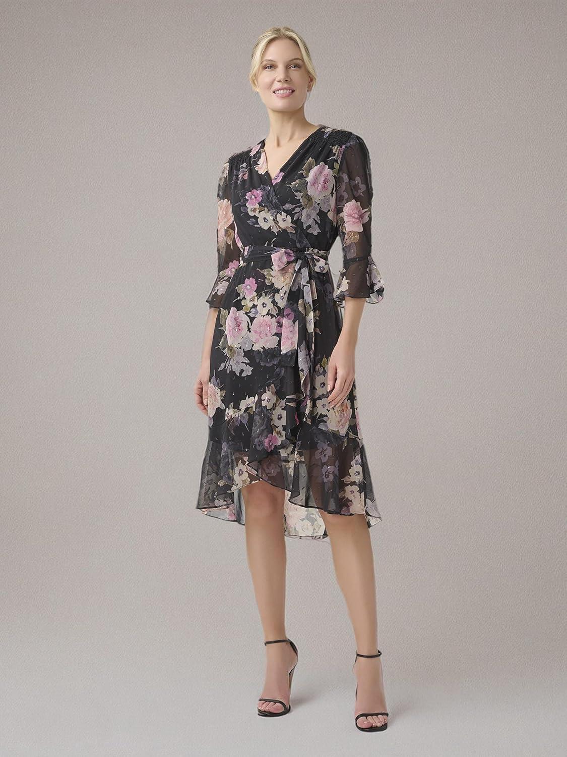 imageAdrianna Papell Womens Floral Chiffon Wrap DressBlack Multi