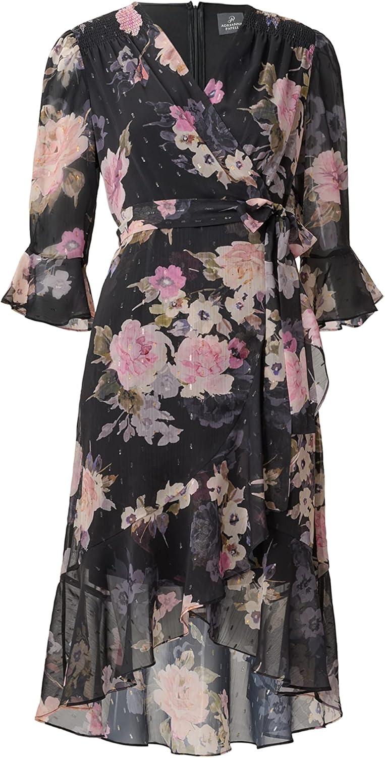 imageAdrianna Papell Womens Floral Chiffon Wrap DressBlack Multi