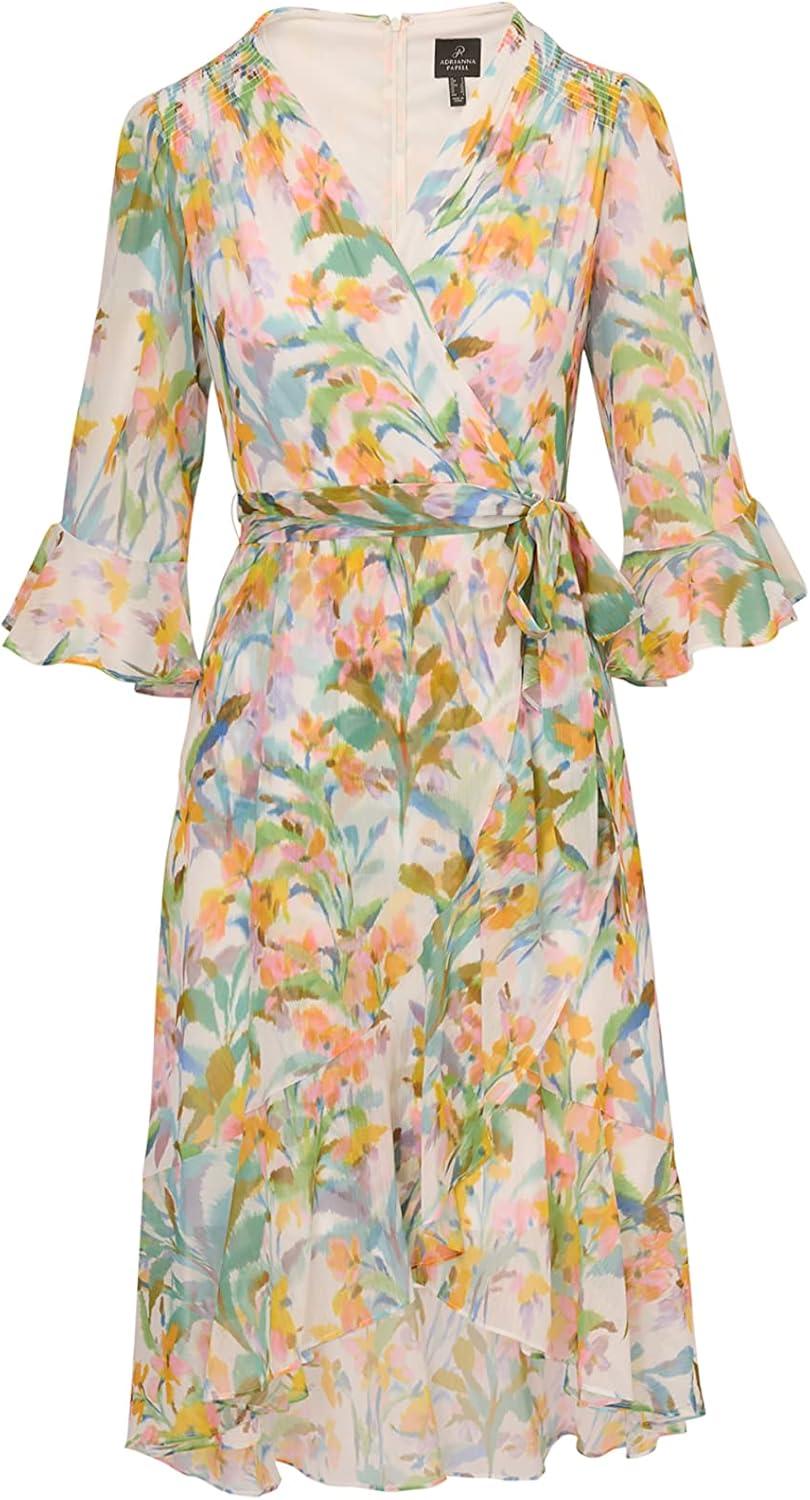 imageAdrianna Papell Womens Floral Chiffon Wrap DressIvory Multi