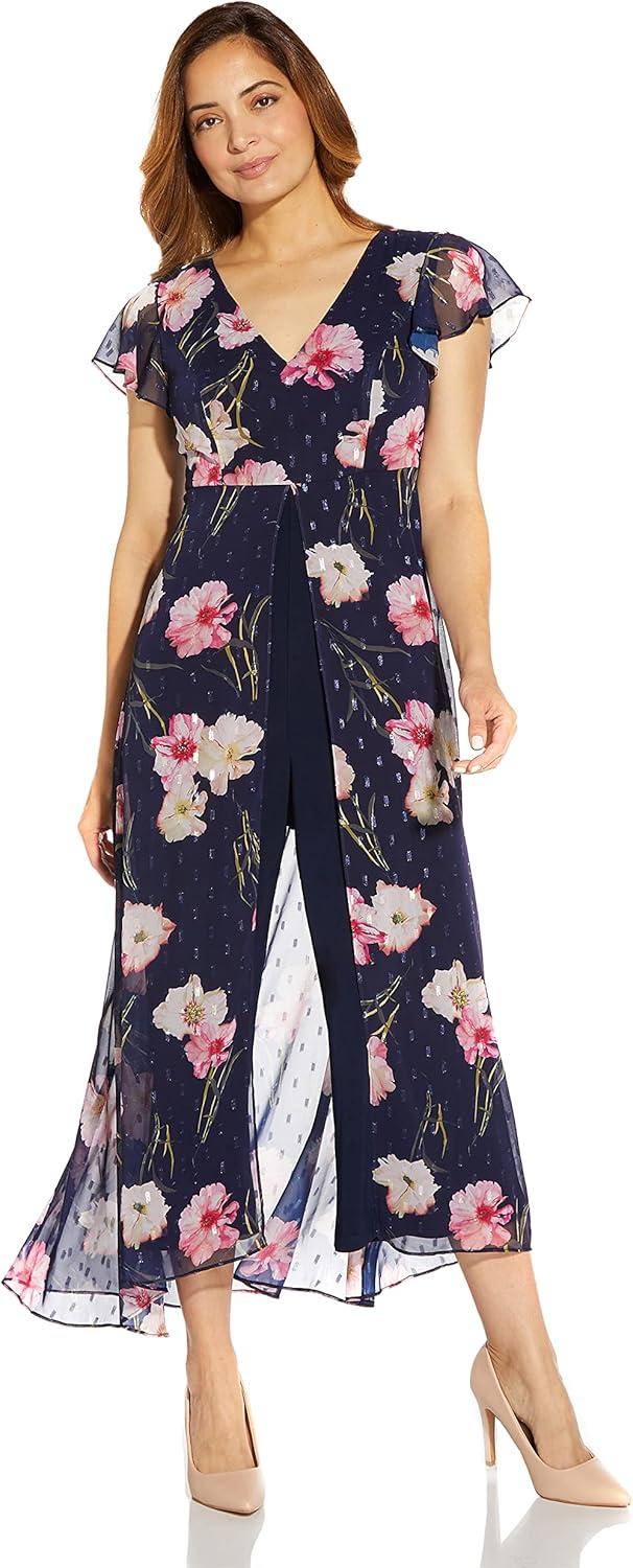 imageAdrianna Papell Womens Floral Print Metallic JumpsuitMidnight Multi