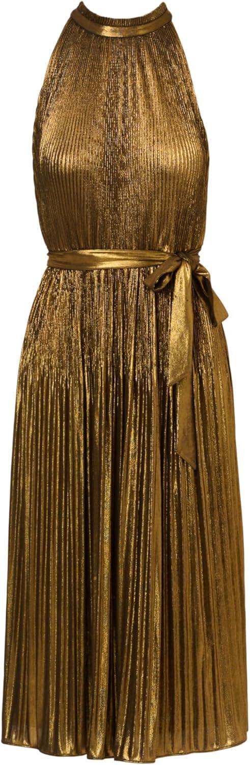 imageAdrianna Papell Womens Halter Pleated Metallic DressGold