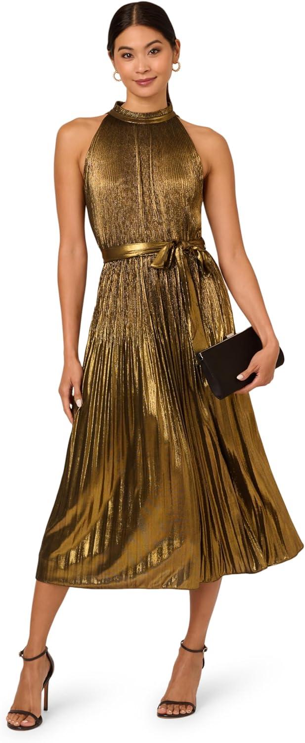 imageAdrianna Papell Womens Halter Pleated Metallic DressGold