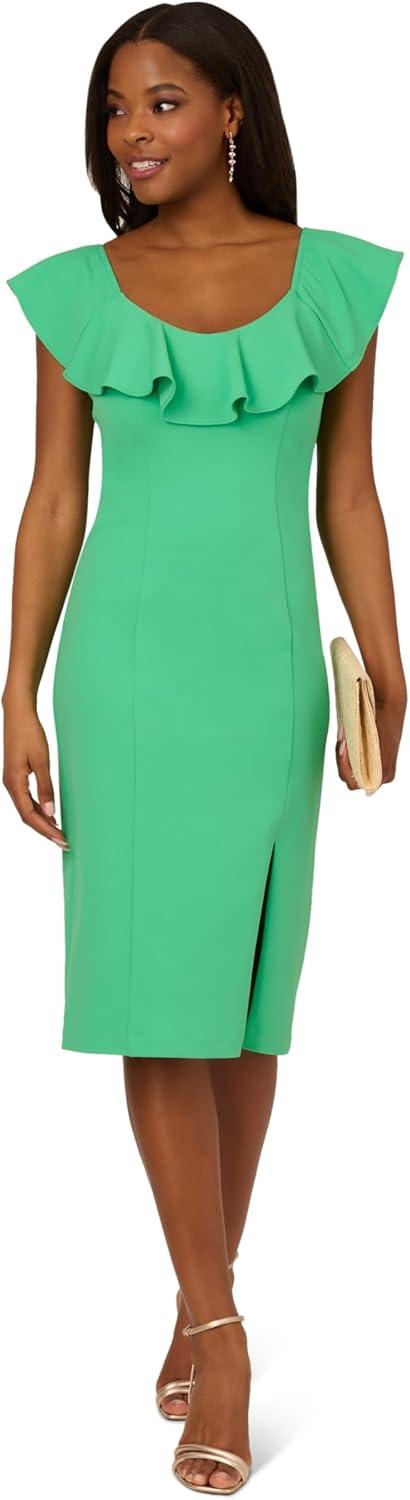 imageAdrianna Papell Womens Knit Crepe Ruffle MIDI DressFlora Green