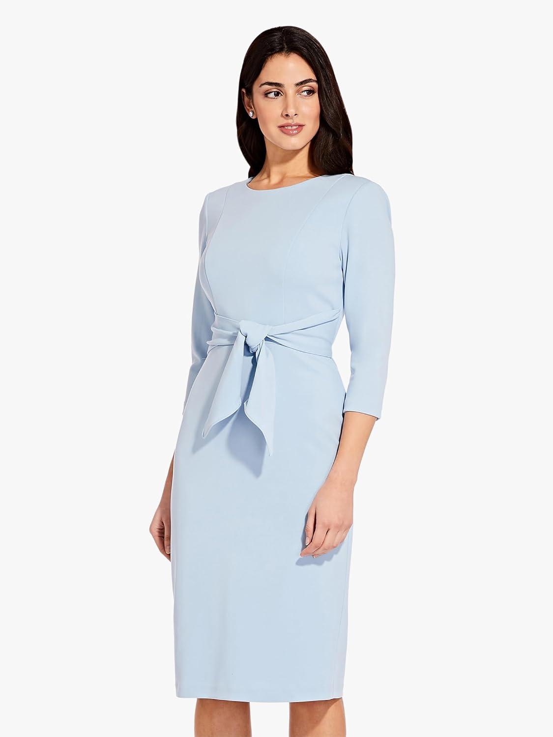 imageAdrianna Papell Womens Knit Crepe Tie Waist SheathDressBlue Mist