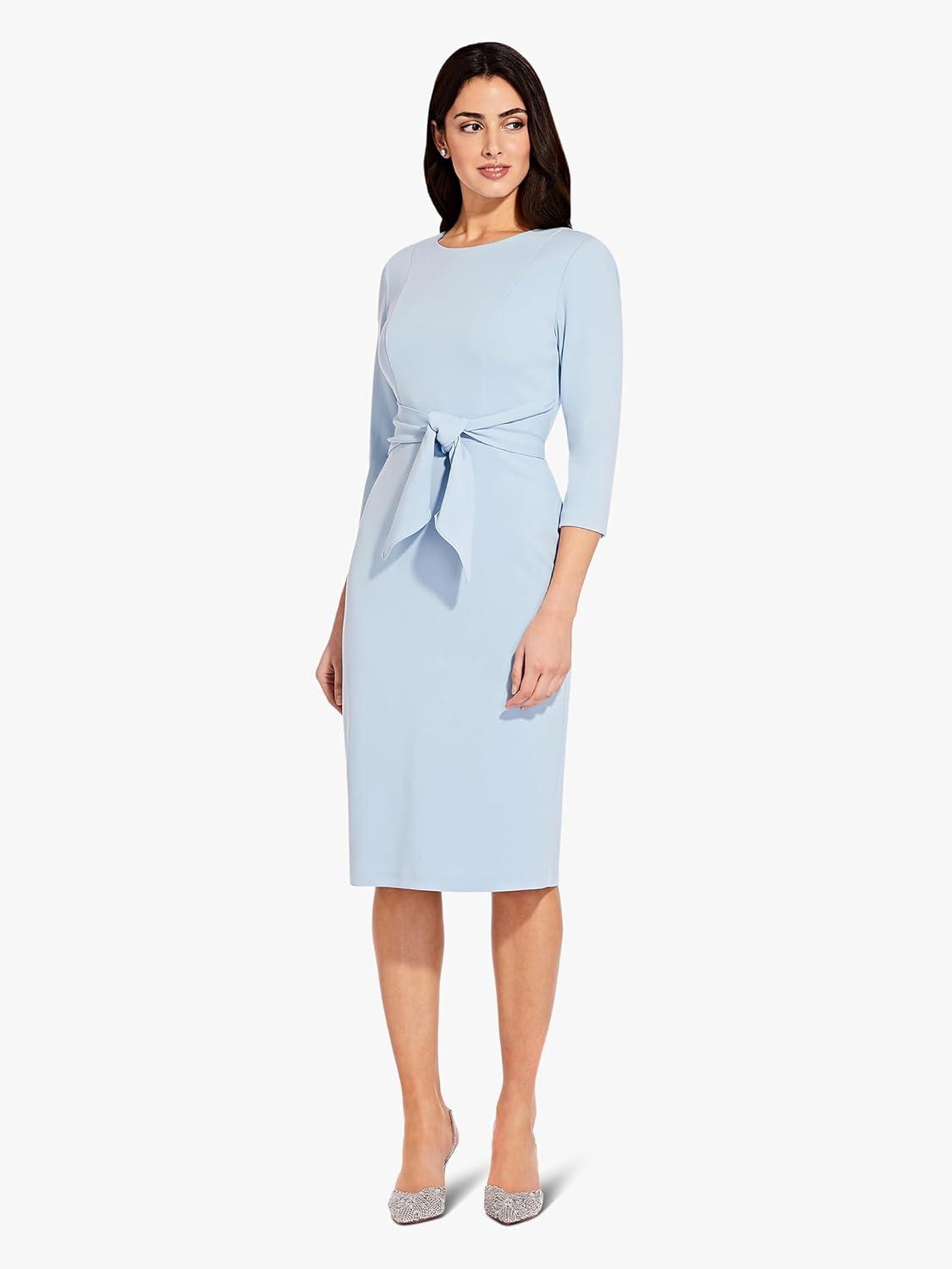 imageAdrianna Papell Womens Knit Crepe Tie Waist SheathDressBlue Mist